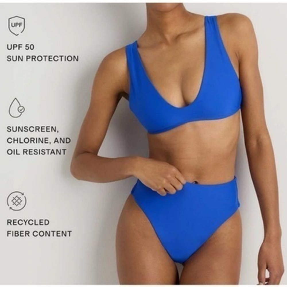 quince italian plunge bikini top swimsuit in electric blue, women size large